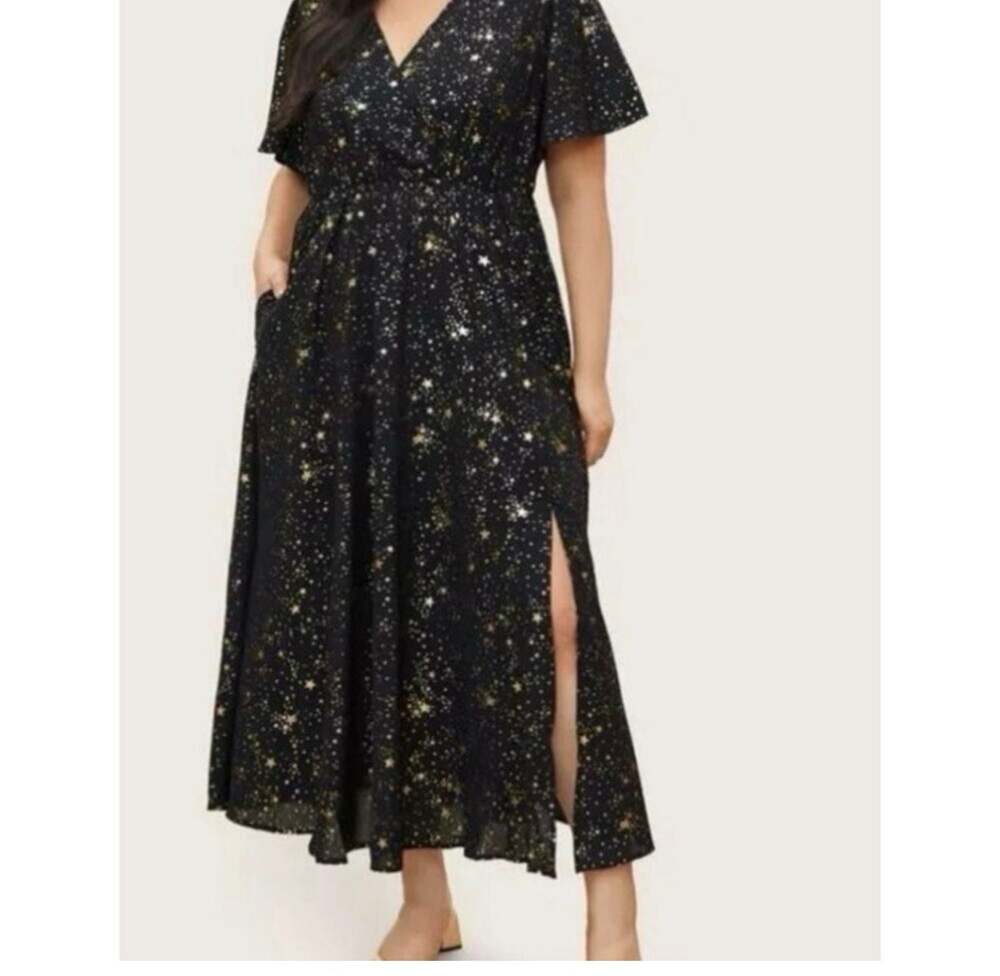 Plus Size 22-24 3X BloomChic Black Glitter Star Maxi Dress with Pockets RARE - Picture 3 of 8
